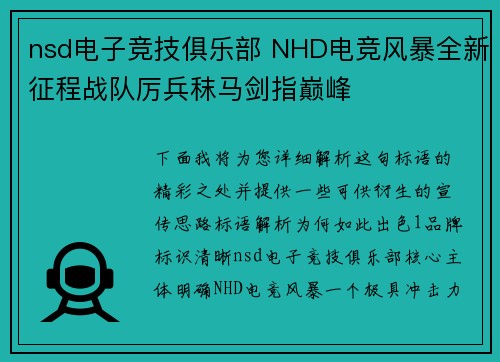 nsd电子竞技俱乐部 NHD电竞风暴全新征程战队厉兵秣马剑指巅峰